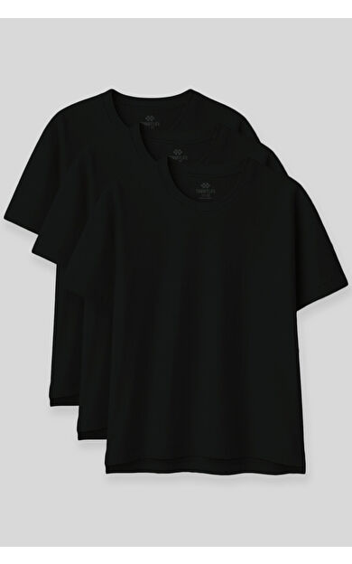 TommyLife Oversize Fit Basic O Yaka 3lü Paket Siyah Kadın T-Shirt  97285