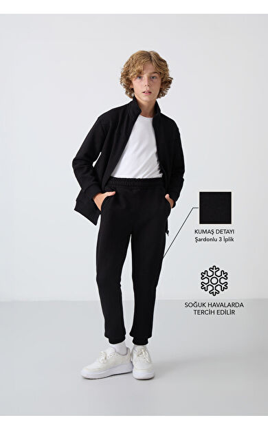 TommyLife Siyah Pamuklu Kalın İçi Tüylü Yumuşak Dokulu Standart Fit Nakışlı Erkek Çocuk Eşofman Takım - 11240