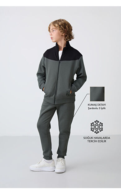 TommyLife Haki Pamuklu Kalın İçi Tüylü Yumuşak Dokulu Standart Fit Nakışlı Erkek Çocuk Eşofman Takım - 11240