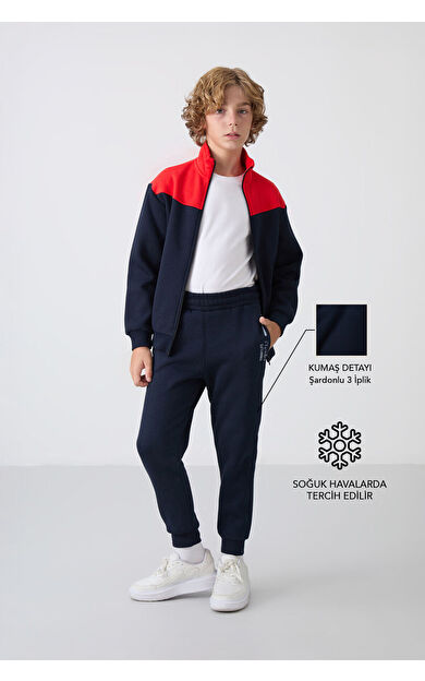 TommyLife Lacivert Pamuklu Kalın İçi Tüylü Standart Fit Nakışlı Erkek Çocuk Eşofman Takım - 11240
