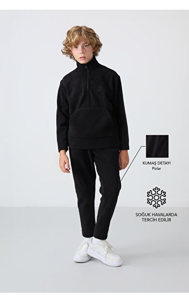 TommyLife Siyah Kalın Yumuşak Dokulu Standart Fit Nakışlı Polar Erkek Çocuk Eşofman Takım - 11218