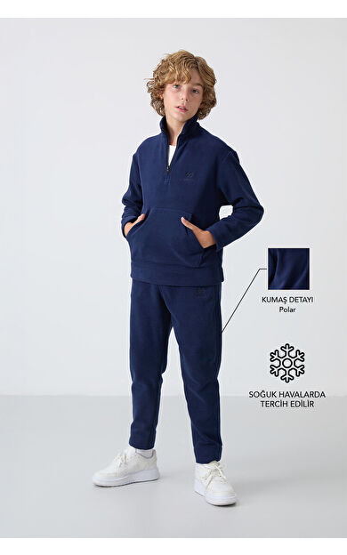TommyLife Lacivert Kalın Yumuşak Dokulu Standart Fit Nakışlı Polar Erkek Çocuk Eşofman Takım - 11218