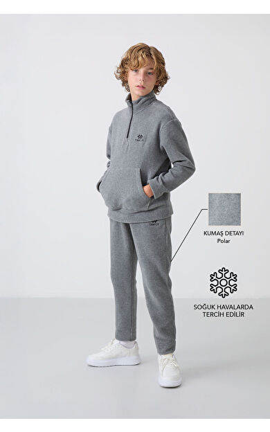 TommyLife Gri Melanj Kalın Yumuşak Dokulu Standart Fit Nakışlı Polar Erkek Çocuk Eşofman Takım - 11218