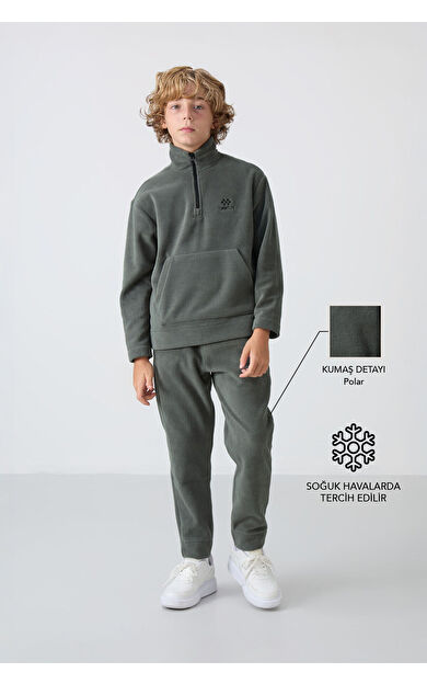 TommyLife Haki Kalın Yumuşak Dokulu Standart Fit Nakışlı Polar Erkek Çocuk Eşofman Takım - 11218