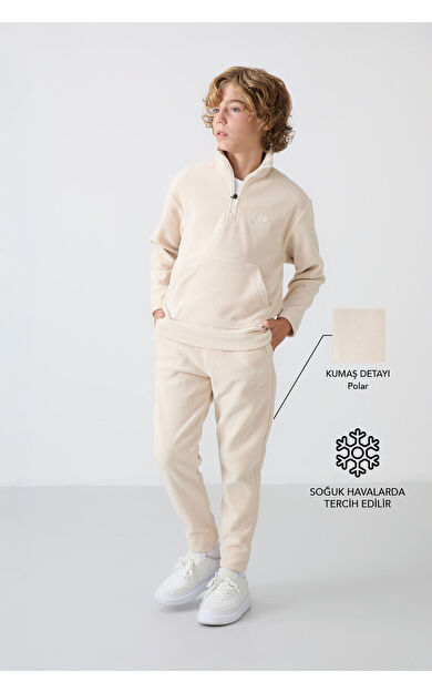 TommyLife Bej Kalın Yumuşak Dokulu Standart Fit Nakışlı Polar Erkek Çocuk Eşofman Takım - 11218