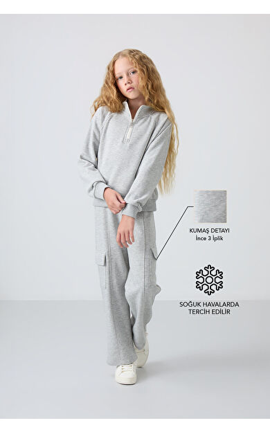 TommyLife Gri Melanj Pamuklu İçi Tüylü Yumuşak Dokulu Standart Fit Nakışlı Kız Çocuk Eşofman Takım - 75159