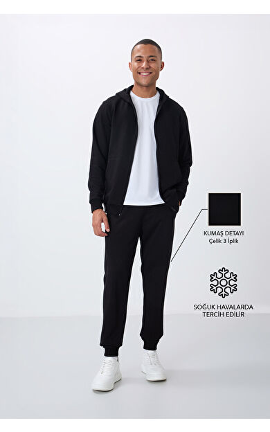 TommyLife Siyah Kompakt Pamuklu Kalın Pürüzsüz Dokulu Kapüşonlu Comfort Fit Erkek Eşofman Takım - 85262
