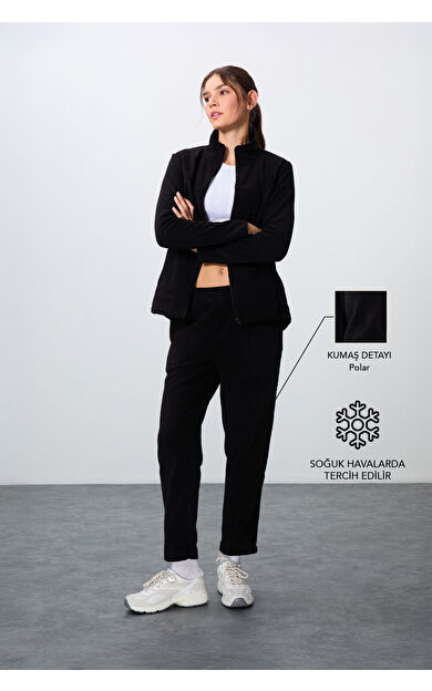 TommyLife Siyah Kalın Yumuşak Dokulu Dik Yaka Oversize Nakışlı Polar Kadın Eşofman Takım -95339