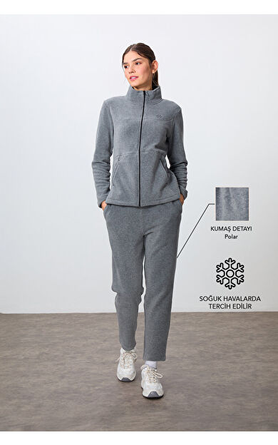 TommyLife Gri Melanj Kalın Yumuşak Dokulu Dik Yaka Oversize Nakışlı Polar Kadın Eşofman Takım -95339