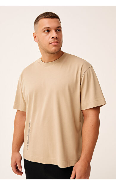 TommyLife Bej Baskılı O Yaka Rahat Form Battal Büyük Beden Erkek T-Shirt - 88472
