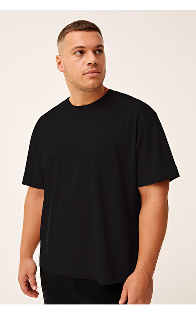 TommyLife Siyah Baskılı O Yaka Rahat Form Battal Büyük Beden Erkek T-Shirt - 88472