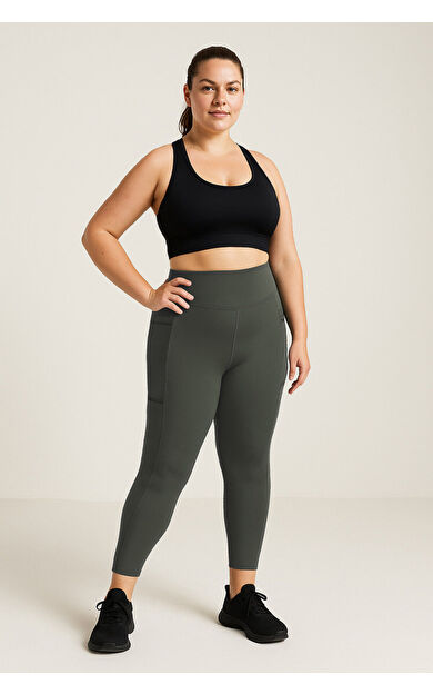 TommyLife Haki Esnek Standart Fit Performans Battal Büyük Beden Kadın Tayt - 94652