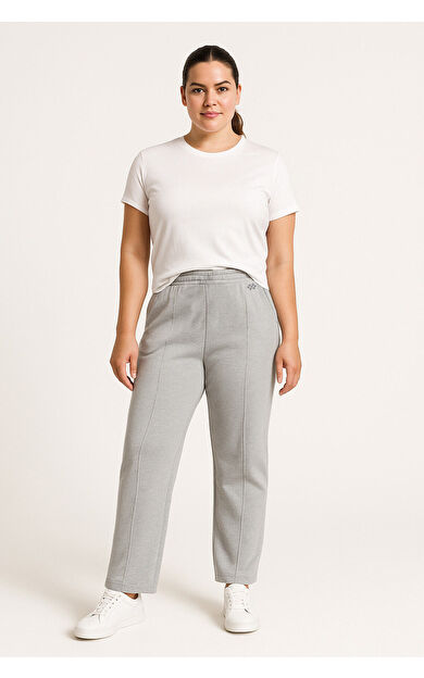 TommyLife Gri Melanj Geniş Paça Ön Dikiş Detaylı Battal Büyük Beden Kadın Eşofman Altı - 94654
