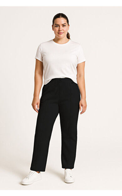 TommyLife Siyah Geniş Paça Ön Dikiş Detaylı Battal Büyük Beden Kadın Eşofman Altı - 94654