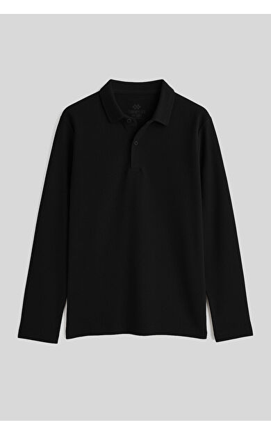 TommyLife Siyah Polo Yaka Basic Uzun Kollu Erkek Çocuk T-Shirt - 11170