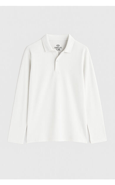 TommyLife Beyaz Polo Yaka Basic Uzun Kollu Erkek Çocuk T-Shirt - 11170