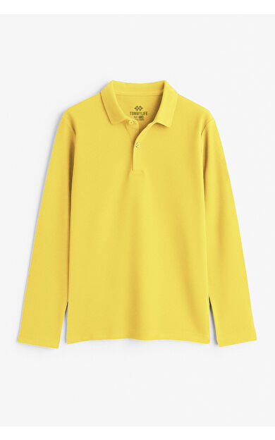 TommyLife Sarı Polo Yaka Basic Uzun Kollu Erkek Çocuk T-Shirt - 11170