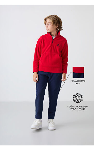 TommyLife Kırmızı-Lacivert Kalın Yumuşak Dokulu Standart Fit Nakışlı Polar Erkek Çocuk Eşofman Takım - 11218