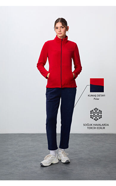 TommyLife Kırmızı-Lacivert Kalın Yumuşak Dokulu Dik Yaka Oversize Nakışlı Polar Kadın Eşofman Takım -95339