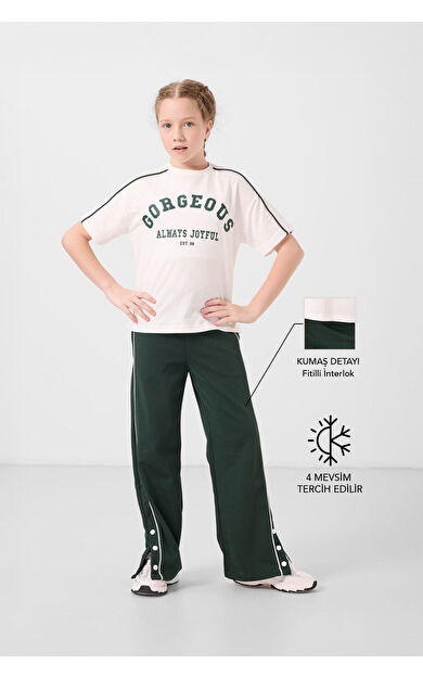 TommyLife Ekru-Çam Yeşil O Yaka Baskılı Geniş Paça Çıt Çıt Detaylı Kız Çocuk Palazzo Eşofman Takım - 75172