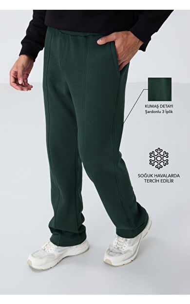 TommyLife Çam Yeşil Pamuklu Kalın İçi Tüylü Yumuşak Dokulu Oversize Nakışlı Erkek Eşofman Altı -82146