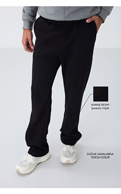 TommyLife Siyah Pamuklu Kalın İçi Tüylü Yumuşak Dokulu Oversize Nakışlı Erkek Eşofman Altı -82146