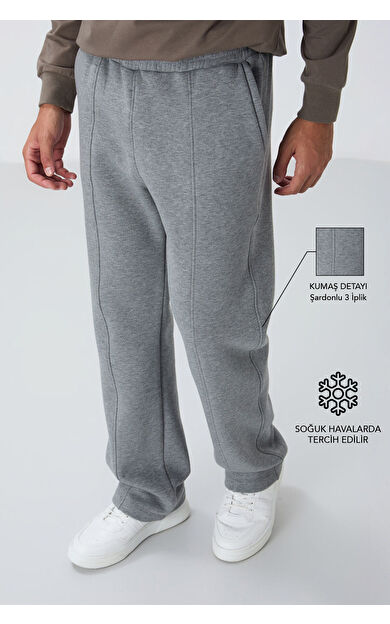 TommyLife Gri Melanj Pamuklu Kalın İçi Tüylü Yumuşak Dokulu Oversize Nakışlı Erkek Eşofman Altı -82146