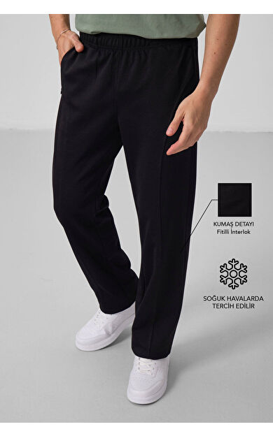 TommyLife Siyah Yüzeyi Dokulu Standart Fit Palazzo Erkek Pantolon - 82171