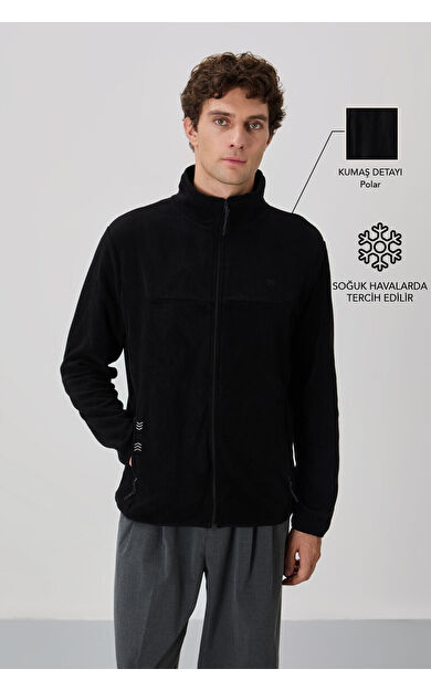 TommyLife Siyah Yazı Nakışlı Dik Yaka Fermuarlı Standart Kalıp Erkek Sweatshirt Polar - 87992
