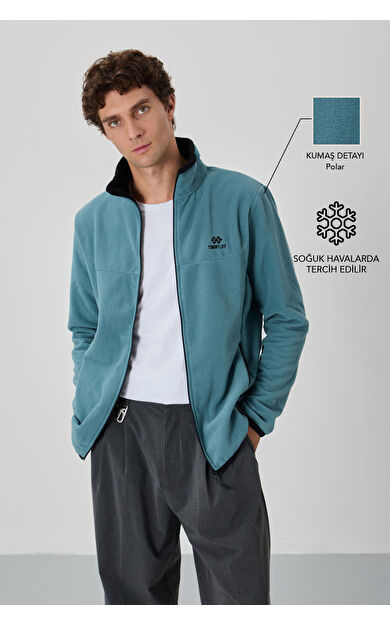 TommyLife Mint Yeşili Yazı Nakışlı Dik Yaka Fermuarlı Standart Kalıp Erkek Sweatshirt Polar - 87992