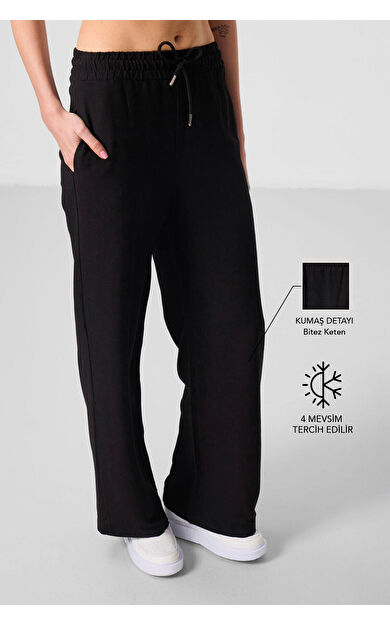 TommyLife Siyah Keten Geniş Paça Rahat Form Kadın Palazzo Pantolon - 94675