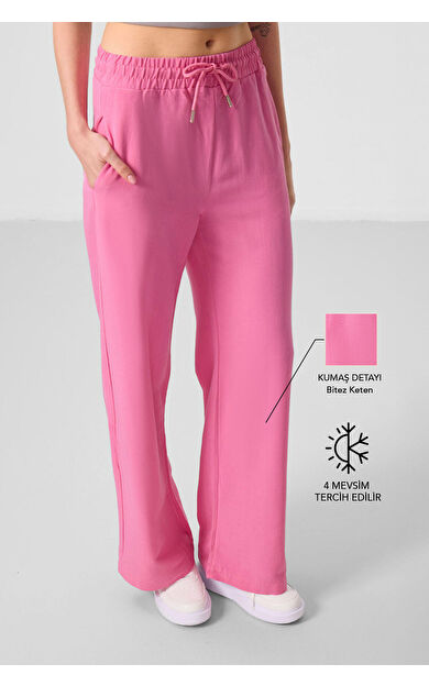 TommyLife Fuşya Keten Geniş Paça Rahat Form Kadın Palazzo Pantolon - 94675