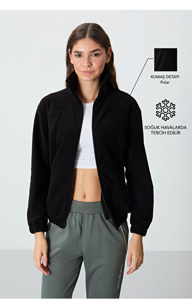 TommyLife Siyah Kalın Yumuşak Dokulu Dik Yaka Oversize Nakışlı Polar Kadın Sweatshirt - 97293