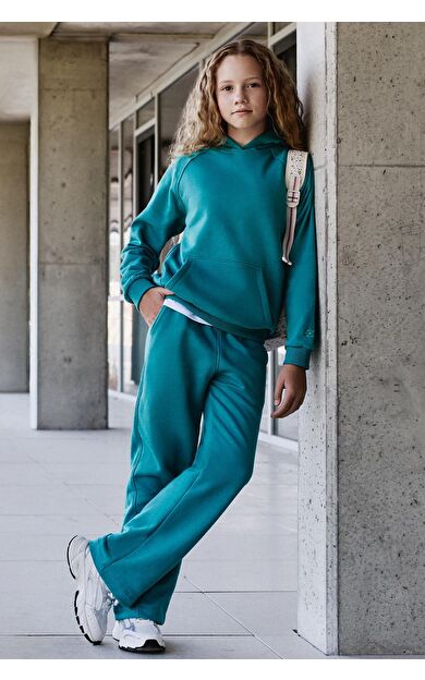 TommyLife Deniz Yeşil Pamuklu İçi Tüylü Yumuşak Dokulu Standart Fit Nakışlı Kız Çocuk Eşofman Takım - 75162