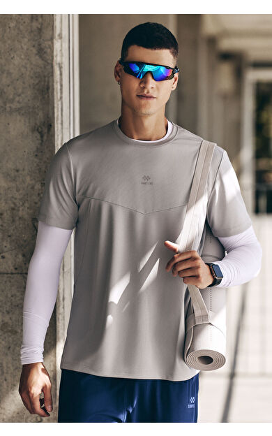 TommyLife Gri Nefes Alan Dokulu İnce Esnek Standart Fit Erkek Performans T-Shirt - 88391