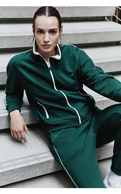 TommyLife Çam Yeşili Kompakt Pamuklu Kalın Pürüzsüz Dokulu Dik Yaka Oversize Fit Kadın Eşofman Takım - 95340