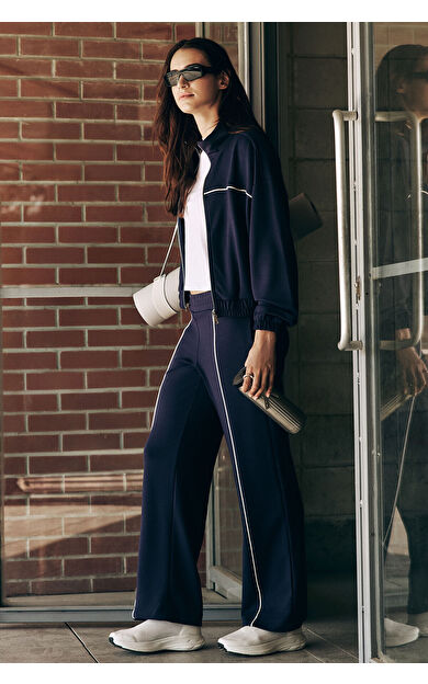 TommyLife Koyu Mor Yumuşak Dokulu Dik Yaka Oversize Lastikli Kadın Eşofman Takım - 95349