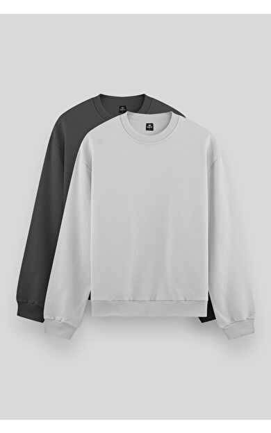 TommyLife Standart Fit Basic O Yaka 2li Paket Koyu Gri-Taş Erkek Sweatshirt - 88053