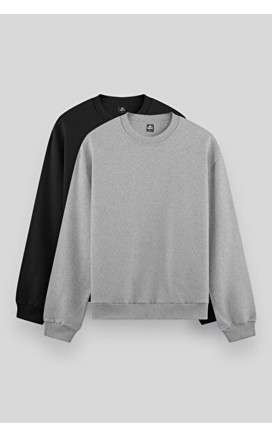 TommyLife Standart Fit Basic O Yaka 2li Paket Siyah-Gri Melanj Erkek Sweatshirt - 88053