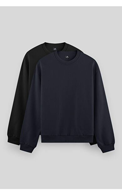 TommyLife Standart Fit Basic O Yaka 2li Paket Siyah-Lacivert Erkek Sweatshirt - 88053