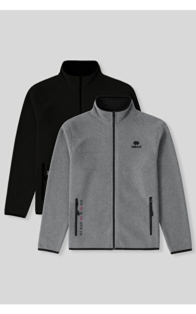 TommyLife Standart Kalıp Dik Yaka 2li Paket Siyah-Gri Melanj Erkek Polar Sweatshirt - 87992