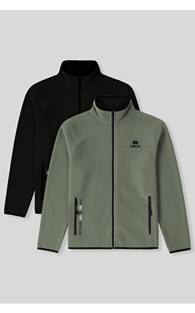 TommyLife Standart Kalıp Dik Yaka 2li Paket Siyah-Çağla Erkek Polar Sweatshirt - 87992