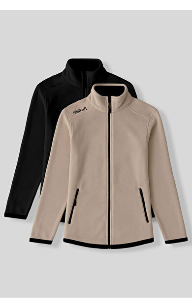 TommyLife Rahat Form Dik Yaka 2li Paket Siyah-Koyu Bej Kadın Polar Sweatshirt - 97173