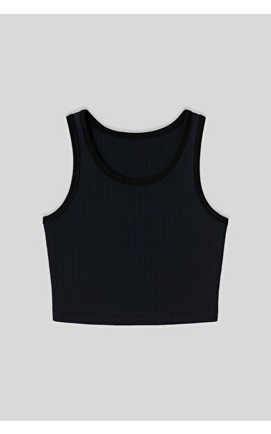 TommyLife Lacivert Basic Sıfır Kol Dar Kalıp U Yaka Kadın Crop Top Atlet - 97160