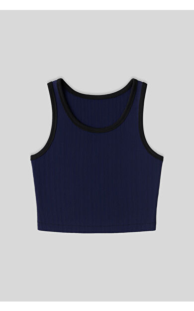 TommyLife İndigo Basic Sıfır Kol Dar Kalıp U Yaka Kadın Crop Top Atlet - 97160
