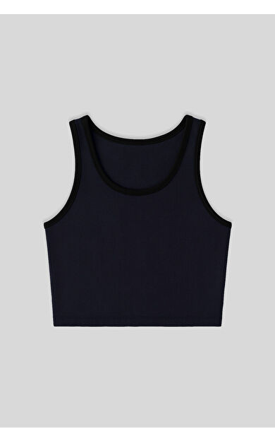 TommyLife Lacivert Basic Sıfır Kol Dar Kalıp U Yaka Kadın Crop Top Atlet - 97162