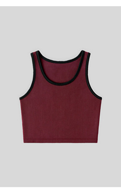 TommyLife Bordo Basic Sıfır Kol Dar Kalıp U Yaka Kadın Crop Top Atlet - 97162