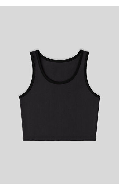 TommyLife Antrasit Basic Sıfır Kol Dar Kalıp U Yaka Kadın Crop Top Atlet - 97162