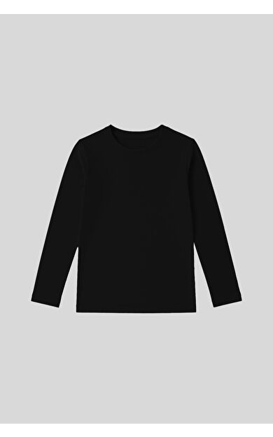 TommyLife Siyah O Yaka Standart Fit Basic Uzun Kollu Unisex Çocuk T-Shirt - 11329