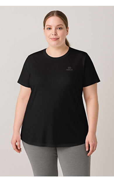 TommyLife Siyah Baskılı O Yaka Rahat Form Battal Büyük Beden Kadın T-Shirt - 97308